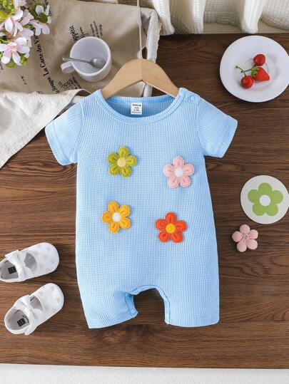 Baby Girl Short Sleeve Round Neck Button Open Shoulder Cute Floral Decor Apricot Romper, Casual & Comfortable For Outdoor, Summer