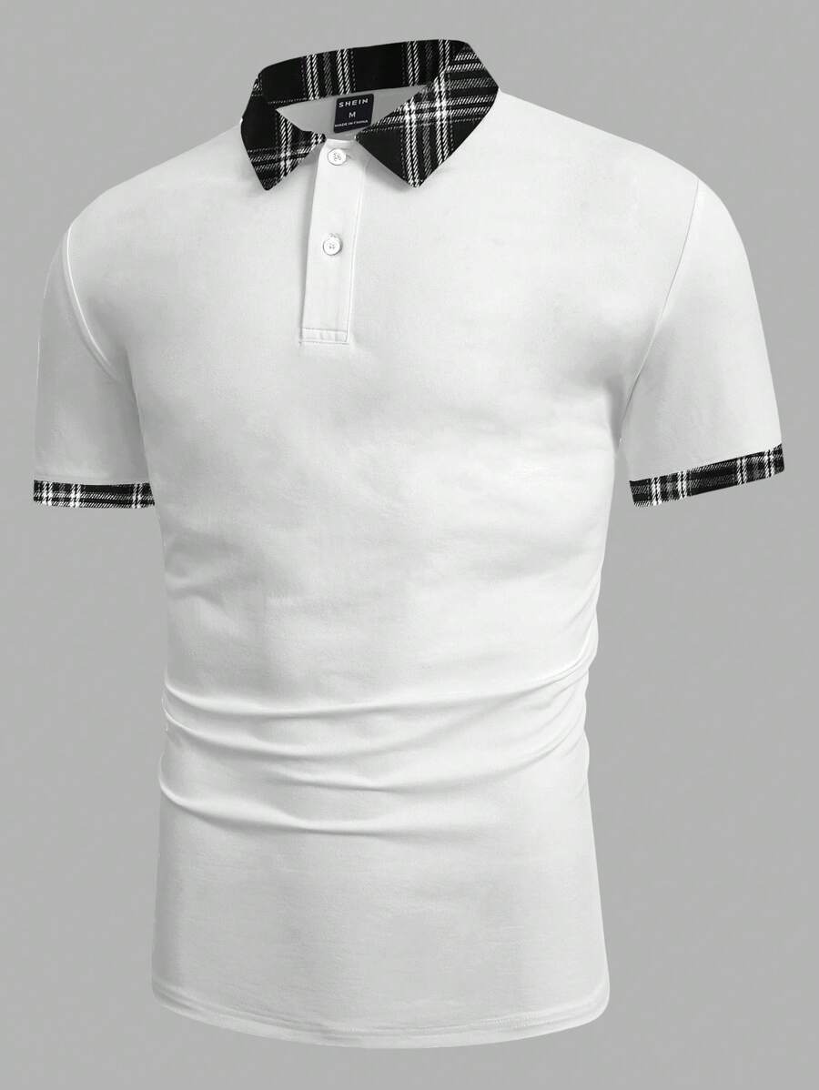 Manfinity VCAY Men's Casual Knit Patchwork Woven Check Short Sleeve POLO Shirt, Suitable For Everyday Wear - White - View 1