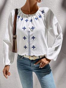 SHEIN LUNE Damen Rundhals geraffter Knopf Halbgeöffneter Laternenkrempel Stickerei Baumwolle Lässig Urlaubs Elegante Bluse