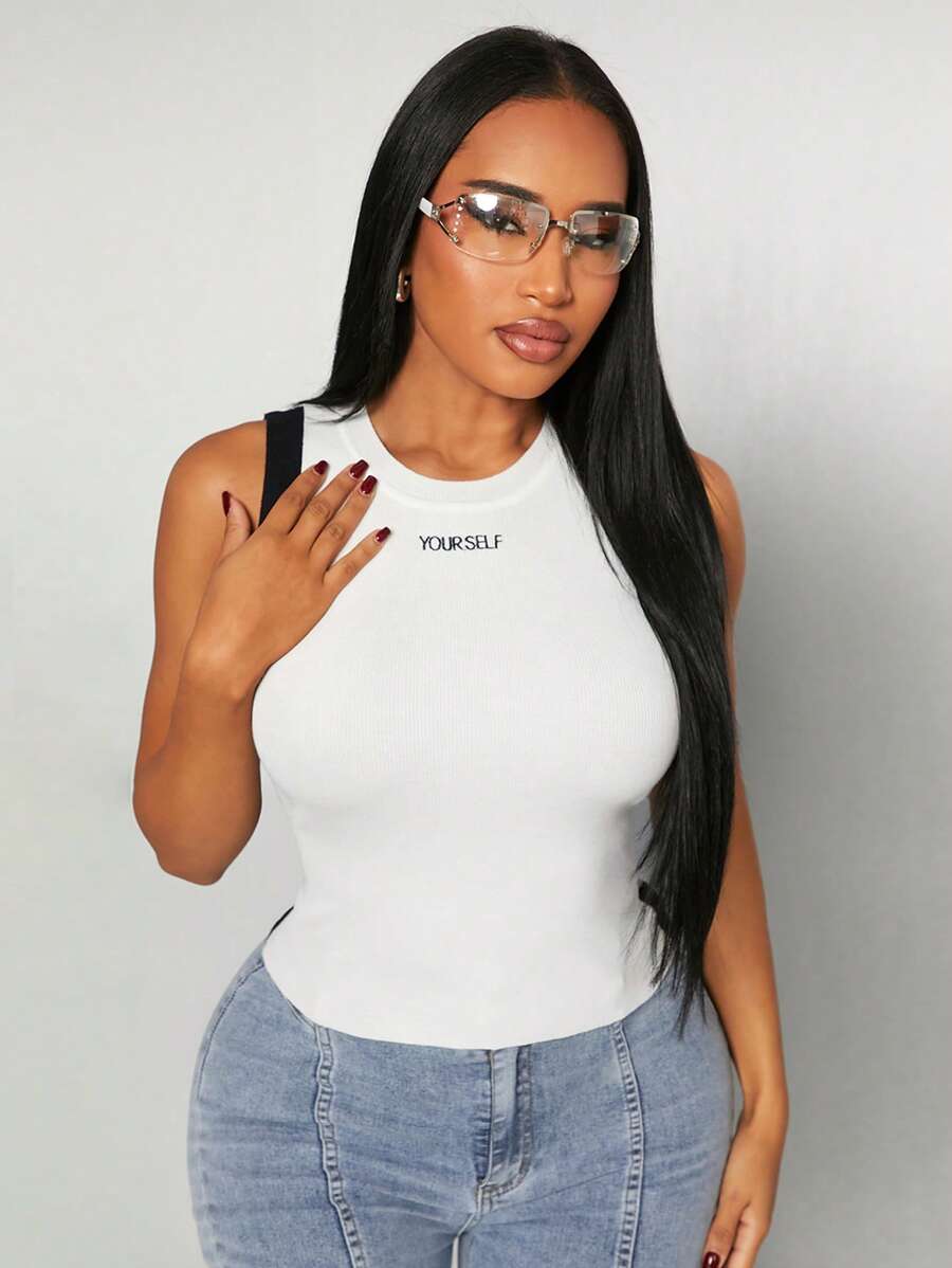 SHEIN SXY Large Round Collar Contrast Color Stitching Design Slim Fit Sexy Sleeveless Knitted Top - White - View 1