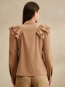 Anewsta Women's Elegant Modern Ruffle Trim Rhinestones & Beaded Detail Long Sleeve Blouse, Suitable For Spring, Summer, Holiday, Casual, Date Night, Festival, Going Out, Vacation - Khaki - View 2