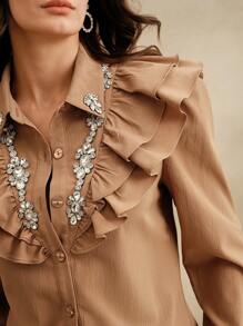 Anewsta Women's Elegant Modern Ruffle Trim Rhinestones & Beaded Detail Long Sleeve Blouse, Suitable For Spring, Summer, Holiday, Casual, Date Night, Festival, Going Out, Vacation - Khaki - View 3