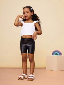 CutesyCutie  Young Girl Solid Color Knit PU Leather Form-Fitting Leggings,Spring And Summer Clothing - Black - View 6