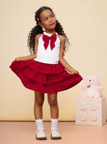 SHEIN CutesyCutie 2pcs Young Girl Plain Knit Sleeveless Top And Mini Skirt Set,Birthday Dresses For Kids,Summer Clothing Sets - Red and White - View 3