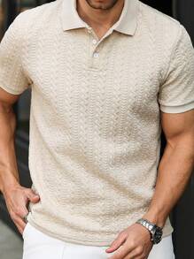 Manfinity Bizformal Men's Apricot Striped Heart Textured Fabric Casual Polo Shirt, Polo Shirts For Men Button Up , Polo T Shirt Men , Polos For Men - Apricot - View 4