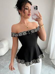 Chiquease Elegant Off-Shoulder Gold Embroidered Ruffle Waist Blouse, Spring/Summer - Black - View 1