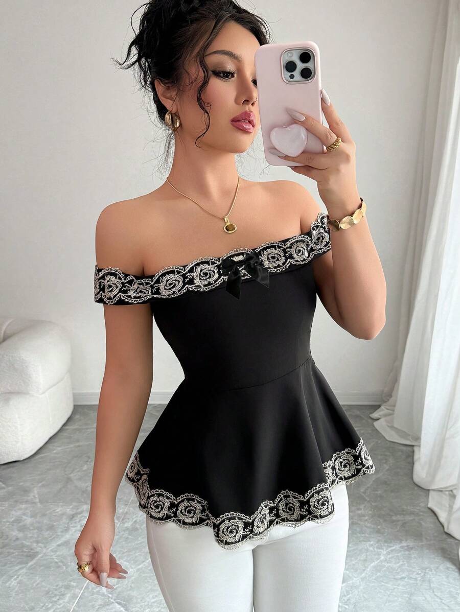 Chiquease Elegant Off-Shoulder Gold Embroidered Ruffle Waist Blouse, Spring/Summer - Black - View 1