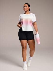 Easithlete Plus Size Ombre Print Criss-Cross Mesh Panel Short Sleeve Crew Neck Active Top, Spring/Summer - White - View 4