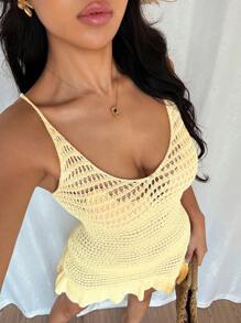 Breezaya Women Hollow Out Spaghetti Strap V-Neck Ruffle Hem Sweater Dress - Yellow - View 4