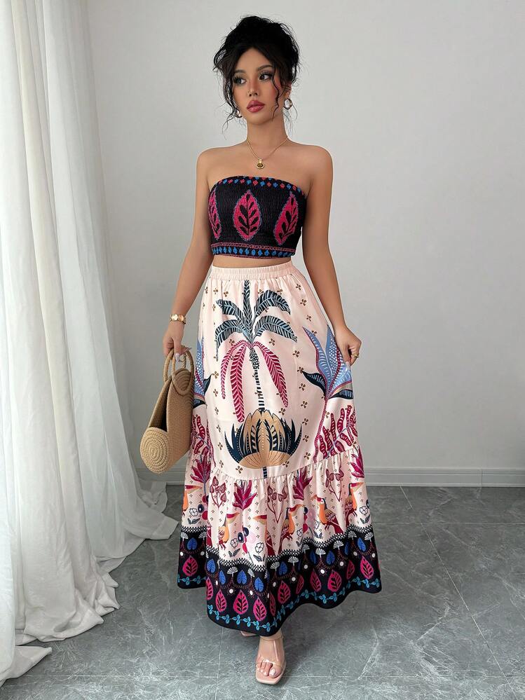 Chiquease 女士度假植物印花抹胸上衣和半身裙两件套（随机印花） - 彩色 - 查看 5