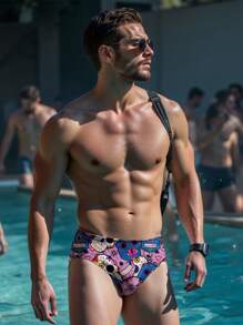 Manfinity Swimmode Men's Vacation Skull Print Casual Swimwear Briefs Men Swim Trunks,Hawaiian - Black - View 1