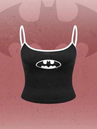Batman X ROMWE Plus Size Geometric Print Splicing Hem Sleeveless Tight Fitting Camisole Top, Summer