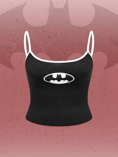 Batman X ROMWE Camiseta sin mangas ajustada con estampado geométrico y dobladillo entrelazado, talla grande, para el verano