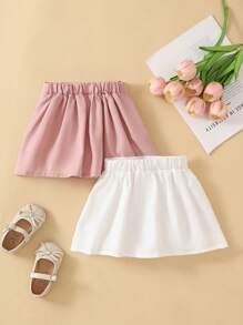 SHEIN 2pcs Baby Girls Korean Casual Cute Multi-Piece Set Pleated Skirt, Summer - Multicolor - View 2