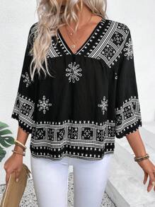 EMERY ROSE Retro Pattern V-Neck Casual Vacation Linen-Blend Shirt - Multicolor - View 7