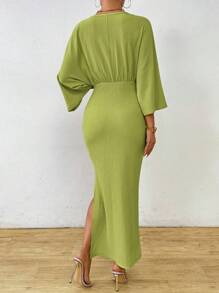 Celisse 女式简约纯色 V 领系腰中长连衣裙，女士优雅结饰，开叉大腿七分袖 V 领常规版型长款绿色蝙蝠袖纯色修身女式长裙，春/秋，休闲日常穿着超长女装 - 綠色 - 查看 2