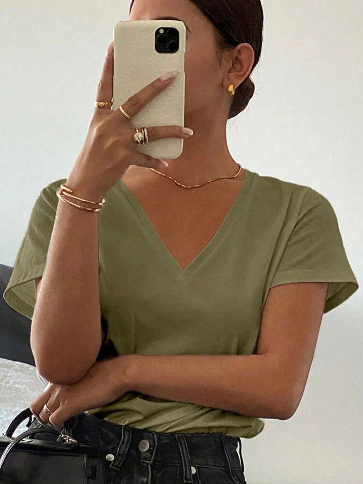 Women's Summer Casual Solid Deep V-Neck Loose T-Shirt,Business Casual Women