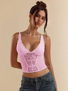 SHEIN BAE Áo corset ren gợi cảm màu đen thời trang đa năng cho nữ, áo ba lỗ gợi cảm, đa năng khi đi chơi, đêm hẹn hò, tiệc theo chủ đề và hòa nhạc, đêm giao thừa, tiệc giáng sinh cho nữ, áo xuyên thấu - Màu Hồng baby - Xem 3