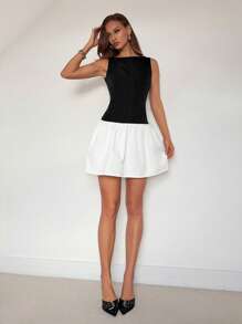 Roylia Women's Elegant Solid Color Round Neck Sleeveless Tight-Fitting Mini Ruffle A-Line Waisted Black & White Contrast Swing Dress