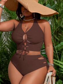 Slaydiva Plus Size Solid Color Spaghetti Strap Tankini Swimsuit With Matching Briefs For Summer Beach Vacation - Brown - View 5