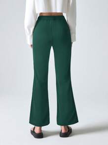 SHEIN EZwear 女式时尚侧条纹撞色刺绣针织裤 - 墨綠色 - 查看 2