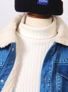 SHEIN 1 pieza Chaqueta de efecto denim con cuello forrado de lana térmica para niño, adecuada para otoño/invierno, uso al aire libre, calle y escuela