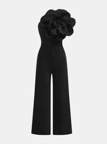 SHEIN Váy đơn giản, thanh lịch, không đối xứng, bó sát vai cho bé gái tuổi teen, có họa tiết hoa 3D cỡ lớn, thích hợp cho tiệc tùng, đám cưới và các dịp khác - màu đen - Xem 3