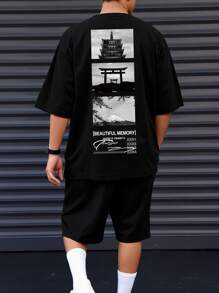 Manfinity Homme 大码男士休闲简约短袖 T 恤和短裤套装，适合夏季 - 黑色 - 查看 2
