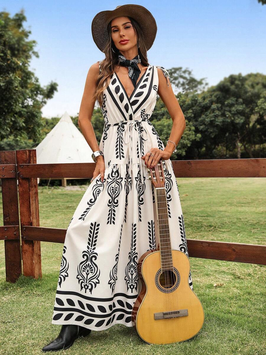 SHEIN LUNE Ärmellos Wickelkleid mit V-Ausschnitt, Tunnelzug, gerüschtem Saum, Maxilänge, A-Linie, geometrisches Muster, lässiger Urlaubslook, elegant, Streetwear für Frauen