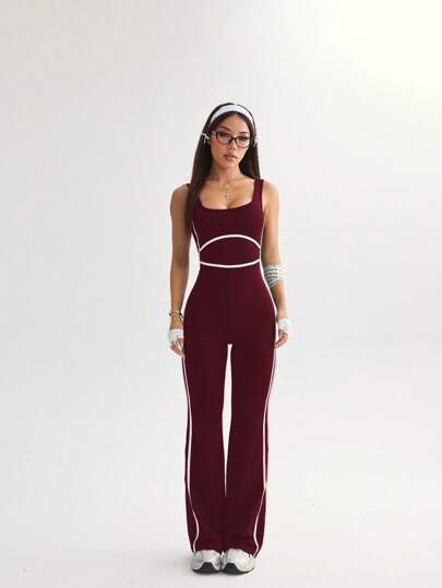 Easithlete Sleeveless Contrast Trim Yoga Casual Sports Jumpsuit