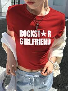 INAWLY 字母印花红色圆领短袖 T 恤，夏季