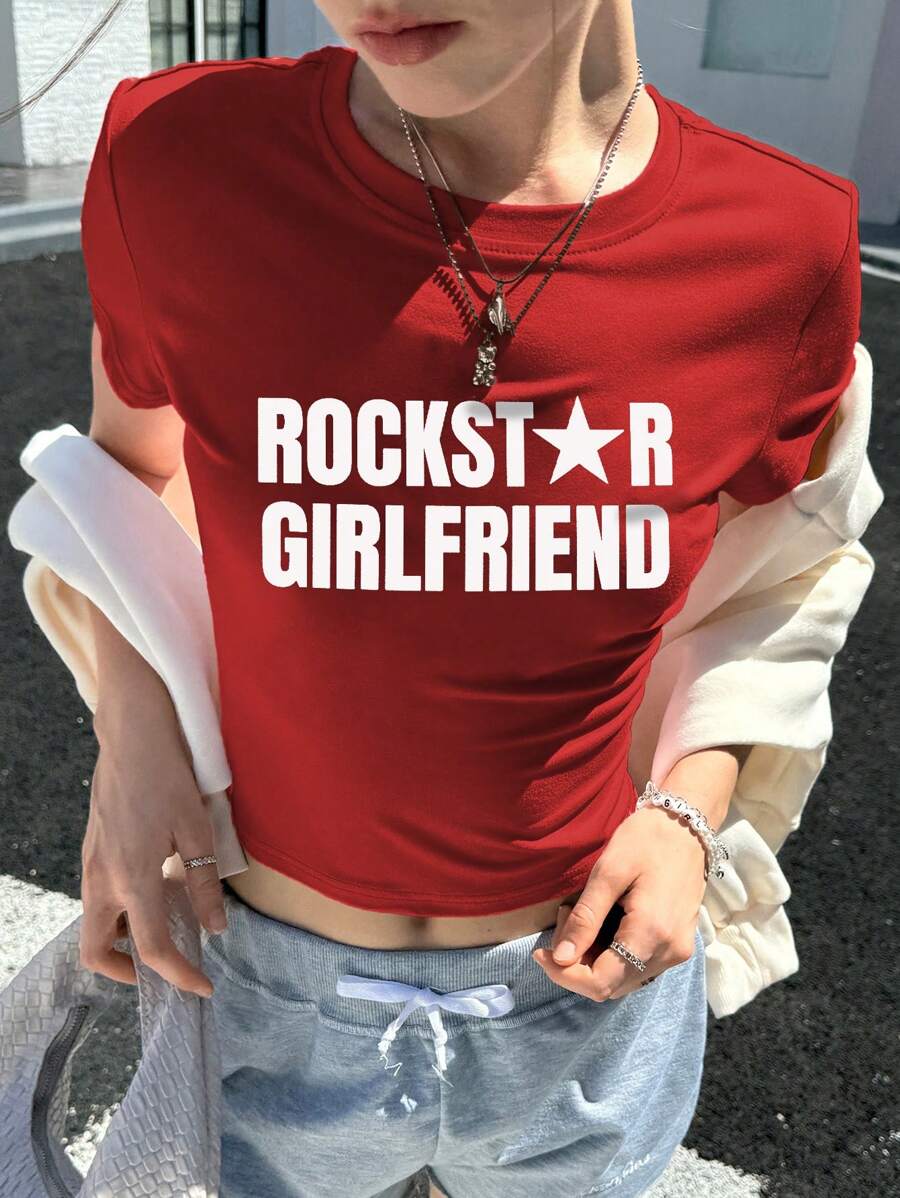 INAWLY 字母印花红色圆领短袖 T 恤，夏季