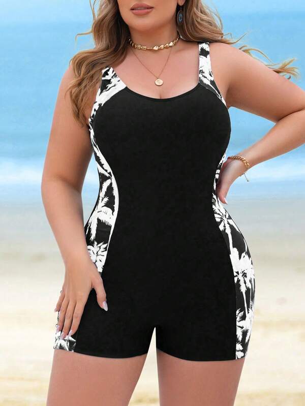 Swim SPRTY Plus Size Women's Patchwork Coconut Tree Print One-Piece Swimsuit, Sexy Slim Waist, Adjustable Shoulder Strap, Suitable For Vacation, Work, Leisure For Summer