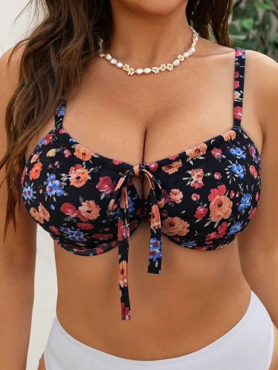 SHEIN Swim Curve Plus Size Women Floral Random Print Drawstring Backless Tank Top, Summer Beach Bikini Swimwear Top - Multicolor - View 1