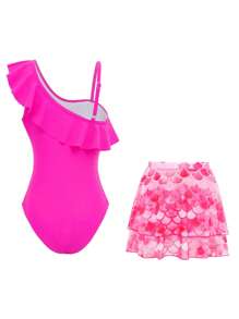 1pc Girls' Solid Ruffle Trim One-Piece Swimsuit With Mermaid Scale Print Skirt, Sibling Outfits Matching Sets (Sold Separately) - Multicolor - View 2