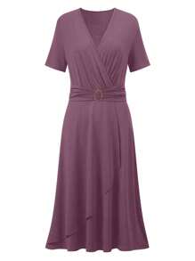 SHEIN Clasi 女士 V 领腰线褶皱短袖连衣裙酒红色长款女装 - 紫色 - 查看 3