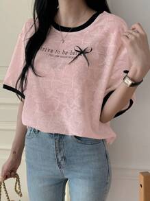 DAZY 春季新款宽松休闲女式 T 恤，带字母印花和蝴蝶结装饰 - 粉色 - 查看 5