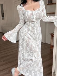 DAZY Sukienka imprezowa damska na wiosnę i lato, koronkowa, średniej długości, elegancka, sukienka Milkmaid, falbanka, jesień, zima - Biały - Zobacz 4