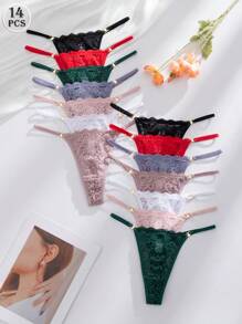 SHEIN 14pcs/Set Sexy Lace Floral Women G-String Panties With Luxury Rhinestone Decorations - Multicolor - View 3