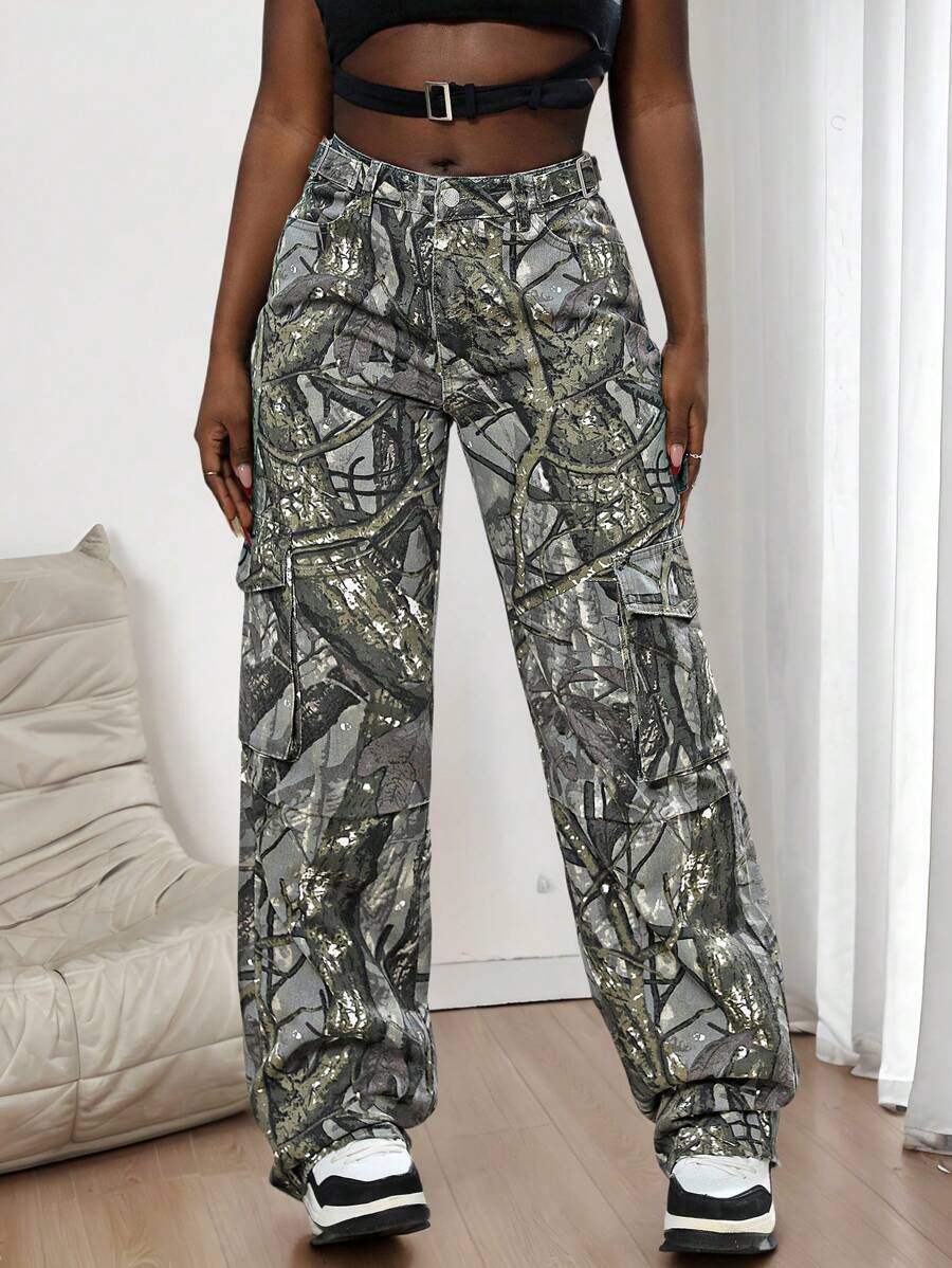 Slaydiva Celana Jeans Kargo Wanita Model Lurus dengan Motif Ranting - MultiWarna - View 1