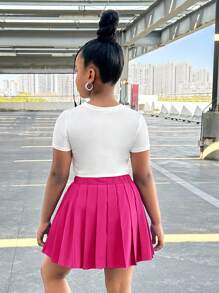 2pcs/Set Tween Girl Heart Print Short Sleeve Top And Pleated Hem Skirt, Casual Outfit