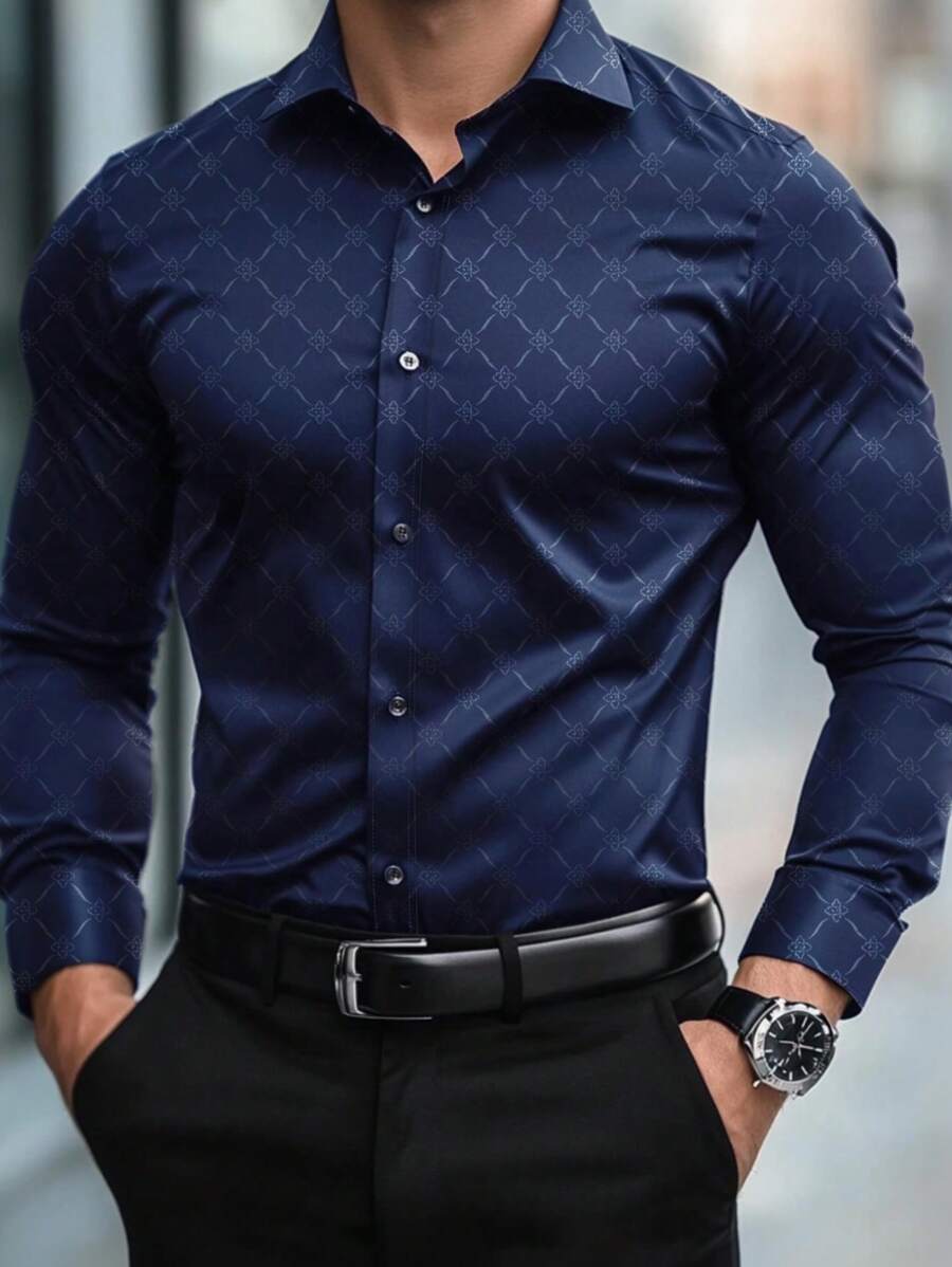 Manfinity Mode 男士纽扣长袖修身商务正装衬衫，长袖男士衬衫，适合秋季 - 藏蓝色 - 查看 1