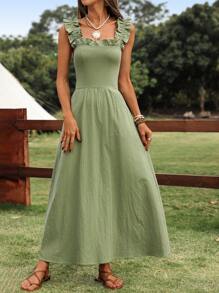 SHEIN LUNE Sage Green Summer Modest Picnic Holiday Women Cotton Frill Trim & Bow Back Tie Cinched Waist Ruched A-Line Midi Dress,Rave Festival Concert Outfit - Apricot - View 4