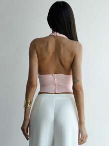 Aloruh Women's Elegant Solid Color 3D Floral Decor Tie-Front Backless Halter Blouse - Pink - View 2