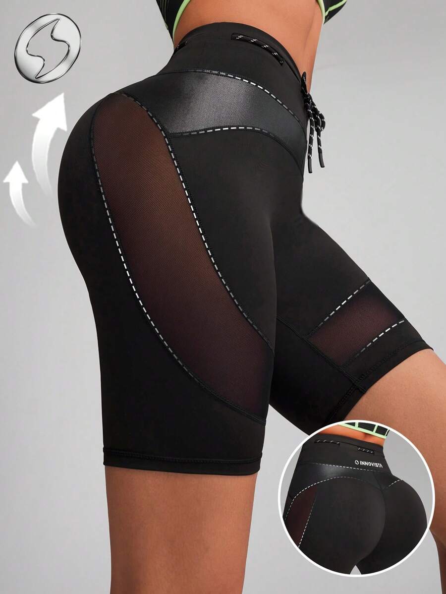 Innovista Women Activewear Foil Print Sports Leggings Shorts, Faux Leather & Metallic Shine Gym Bottom, Breathable Mesh Cut Out & Elastic Workout Outfits, Adjustable Fitness Pants, Sculpting Shapewear, Edgy &Unique Sleek & Lux Tracksuit, Music Festival, Party, Dance,Electric, Cycle,Bike,Yoga,Mat,Pilates,Running,Cardio,Strength,Weights,Outdoor,Hike,Camping,Trail,Volleyball,Going Out,Athleisure,Pickleball, Black,Y2K,Autumn Fall Gear,Waist Trainer,Bathing Suit, Women Gym Shorts Utilitarian Chic, Striped Design - Black - View 1