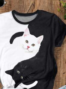 SHEIN LUNE 大码女式阴阳黑白猫印花圆领短袖 T 恤，休闲舒适图案 T 恤女式上衣