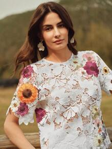 Anewsta 女士优雅圆领刺绣蕾丝镂空花卉装饰钩针上衣，T 恤罩衫，适合海滩、节日、假日、休闲、度假、夏季 - 白色 - 查看 6