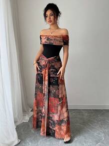 Rafferiza Đầm lưới hở vai in họa tiết cổ điển ôm sát thanh lịch dành cho nữ - Nhiều màu - Xem 7