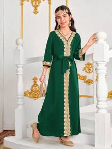 Tween Girl Middle Eastern Gold Thread Woven V-Neck 3/4 Sleeve Long Robe With Belt & Long Dress - Dark Green - View 4