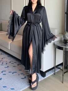 DAZY Charming Women's Long Satin & Lace Patchwork Bell Sleeve Sleepwear Robe, Fall Pajama, Winter - Black - View 3